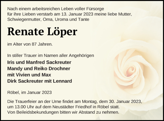 Traueranzeige von Renate Löper von Müritz-Zeitung