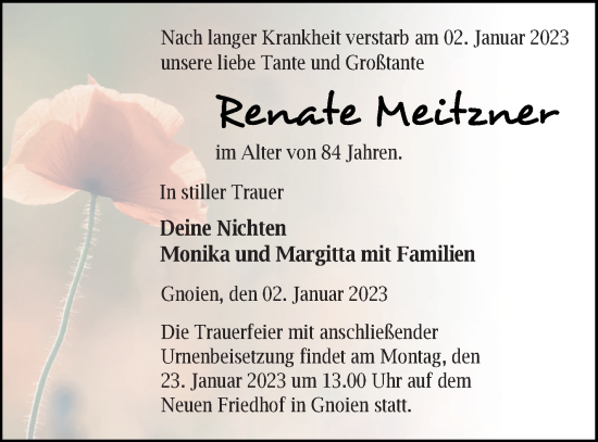 Traueranzeige von Renate Meitzner von Mecklenburger Schweiz