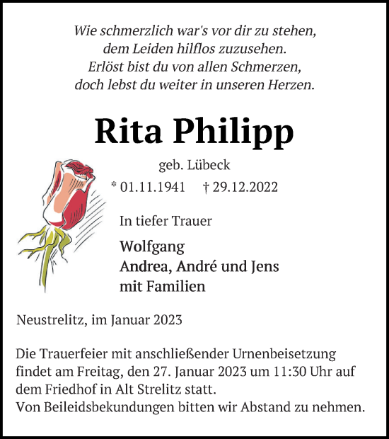 Traueranzeige von Rita Philipp von Strelitzer Zeitung