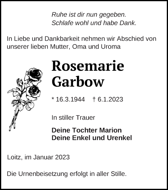 Traueranzeige von Rosemarie Garbow von Vorpommern Kurier