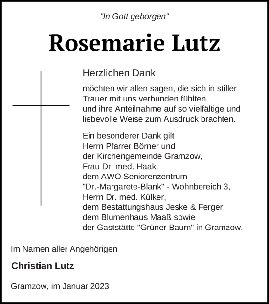 Traueranzeige von Rosemarie Lutz von Prenzlauer Zeitung