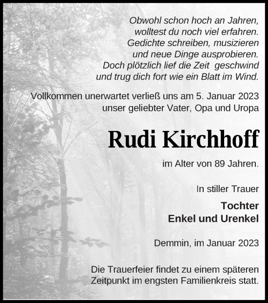 Traueranzeige von Rudi Kirchhoff von Demminer Zeitung