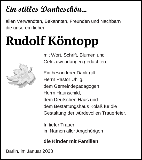 Traueranzeige von Rudolf Köntopp von Mecklenburger Schweiz