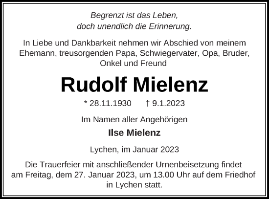 Traueranzeige von Rudolf Mielenz von Prenzlauer Zeitung