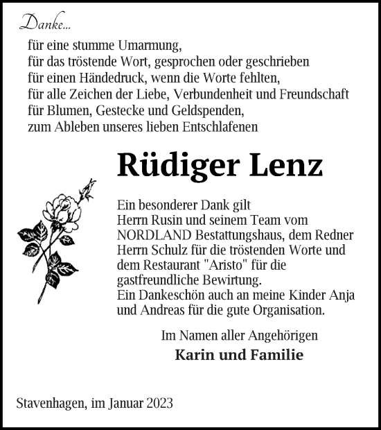 Traueranzeige von Rüdiger Lenz von Mecklenburger Schweiz