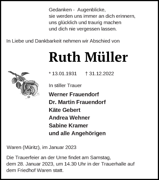 Traueranzeige von Ruth Müller von Müritz-Zeitung