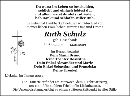 Traueranzeige von Ruth Schulz von Pasewalker Zeitung