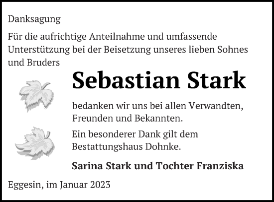 Traueranzeige von Sebastian Stark von Haff-Zeitung