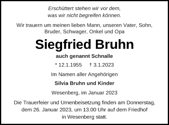 Traueranzeige von Siegfried Bruhn von Strelitzer Zeitung