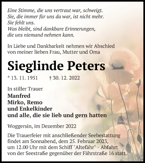 Traueranzeige von Sieglinde Peters von Neubrandenburger Zeitung