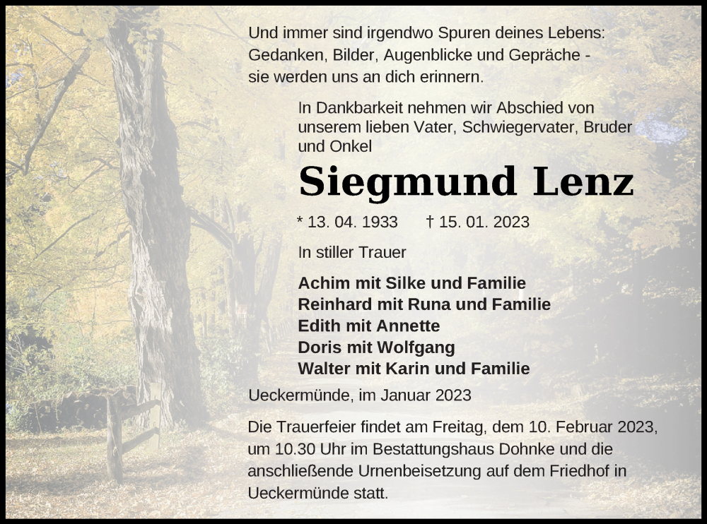  Traueranzeige für Siegmund Lenz vom 28.01.2023 aus Haff-Zeitung