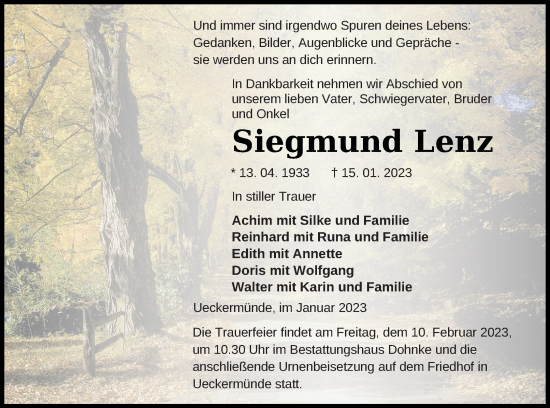 Traueranzeige von Siegmund Lenz von Haff-Zeitung