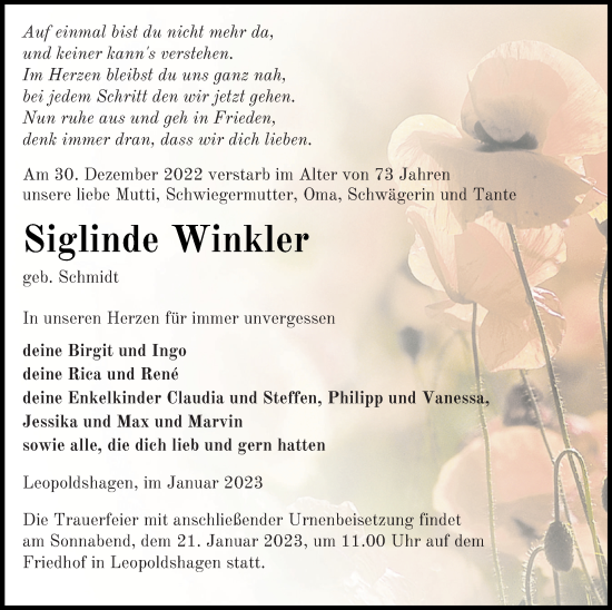 Traueranzeige von Siglinde Winkler von Haff-Zeitung