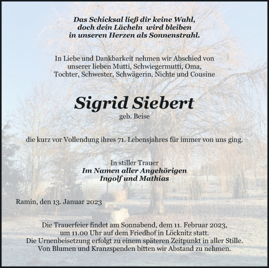 Traueranzeige von Sigrid Siebert von Pasewalker Zeitung