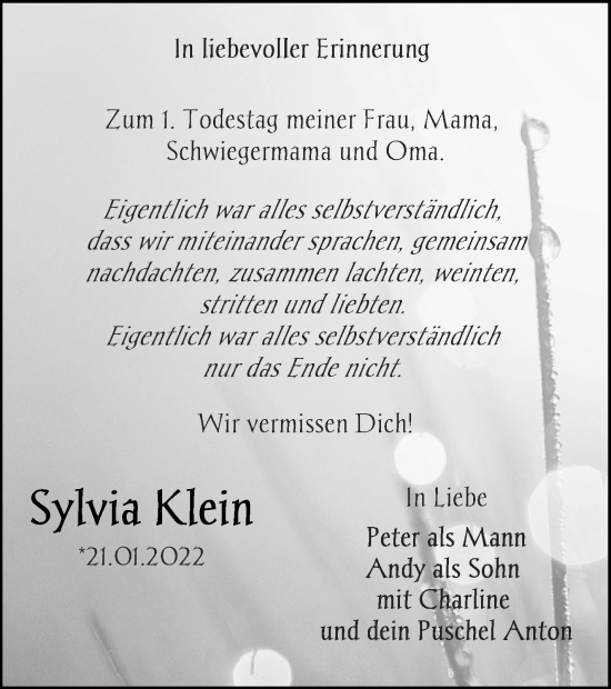 Traueranzeige von Sylvia Klein von Templiner Zeitung