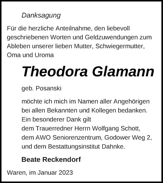 Traueranzeige von Theodora Glamann von Müritz-Zeitung