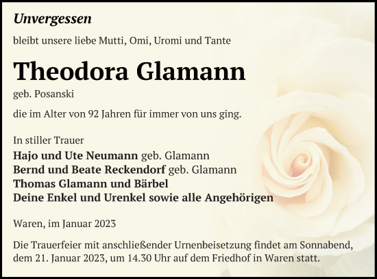 Traueranzeige von Theodora Glamann von Müritz-Zeitung