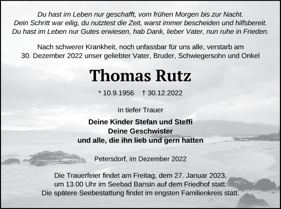 Traueranzeige von Thomas Rutz von Neubrandenburger Zeitung