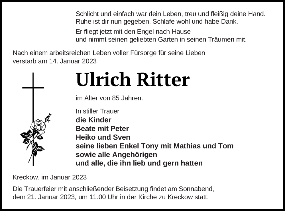  Traueranzeige für Ulrich Ritter vom 19.01.2023 aus Pasewalker Zeitung