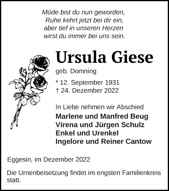 Traueranzeige von Ursula Giese von Haff-Zeitung