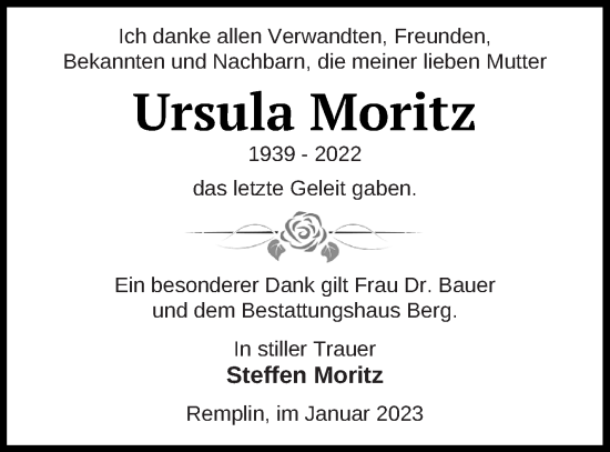 Traueranzeige von Ursula Moritz von Mecklenburger Schweiz