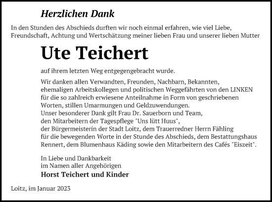 Traueranzeige von Ute Teichert von Vorpommern Kurier