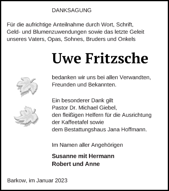 Traueranzeige von Uwe Fritzsche von Neubrandenburger Zeitung