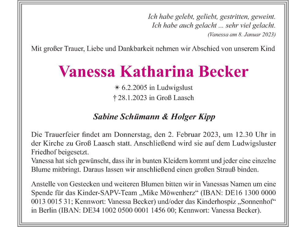  Traueranzeige für Vanessa Katharina Becker vom 31.01.2023 aus Müritz-Zeitung