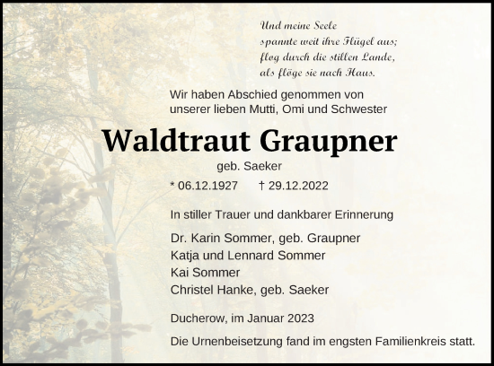 Traueranzeige von Waldtraut Graupner von Vorpommern Kurier