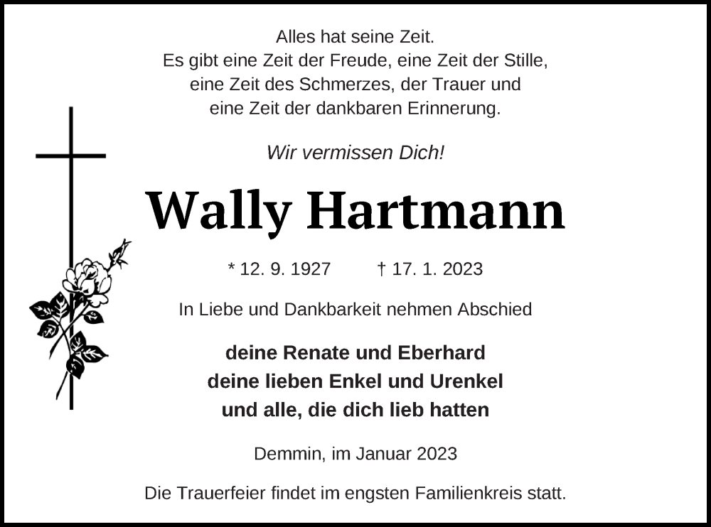 Traueranzeige für Wally Hartmann vom 21.01.2023 aus Demminer Zeitung