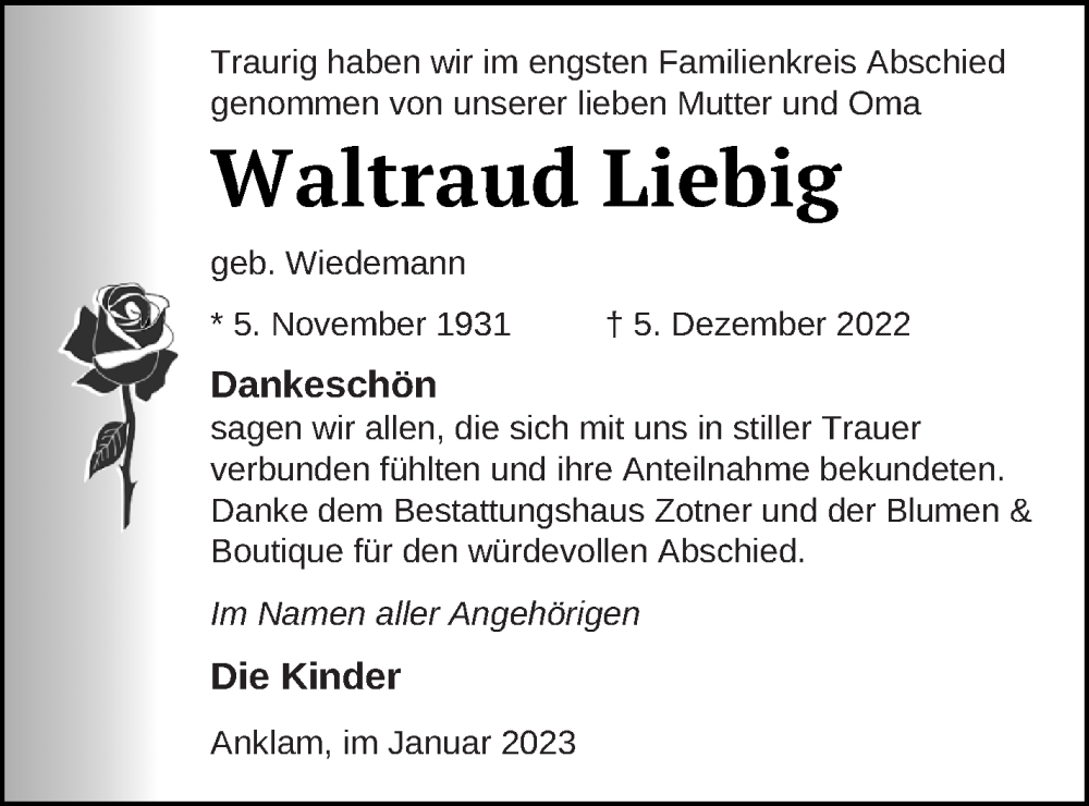  Traueranzeige für Waltraud Liebig vom 14.01.2023 aus Vorpommern Kurier