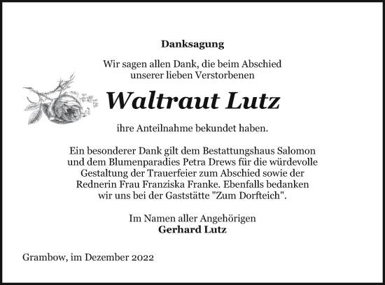 Traueranzeige von Waltraut Lutz von Pasewalker Zeitung