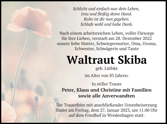 Traueranzeige von Waltraut Skiba von Müritz-Zeitung