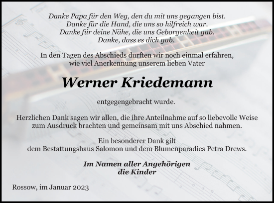 Traueranzeige von Werner Kriedemann von Pasewalker Zeitung