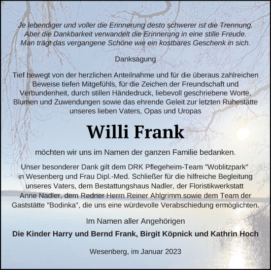 Traueranzeige von Willi Frank von Strelitzer Zeitung