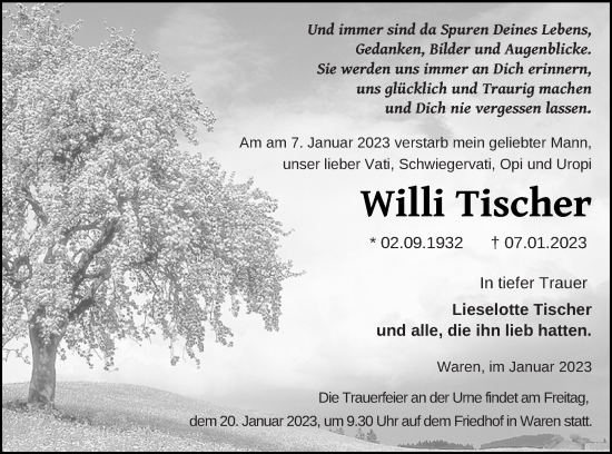 Traueranzeige von Willi Tischer von Müritz-Zeitung