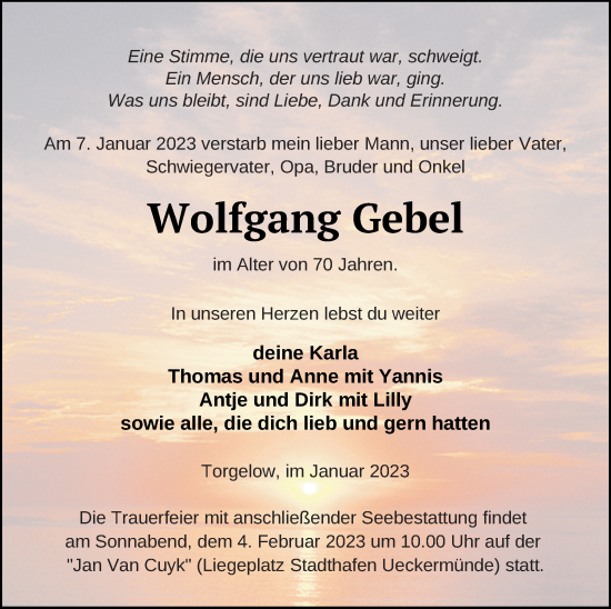 Traueranzeige von Wolfgang Gebel von Haff-Zeitung