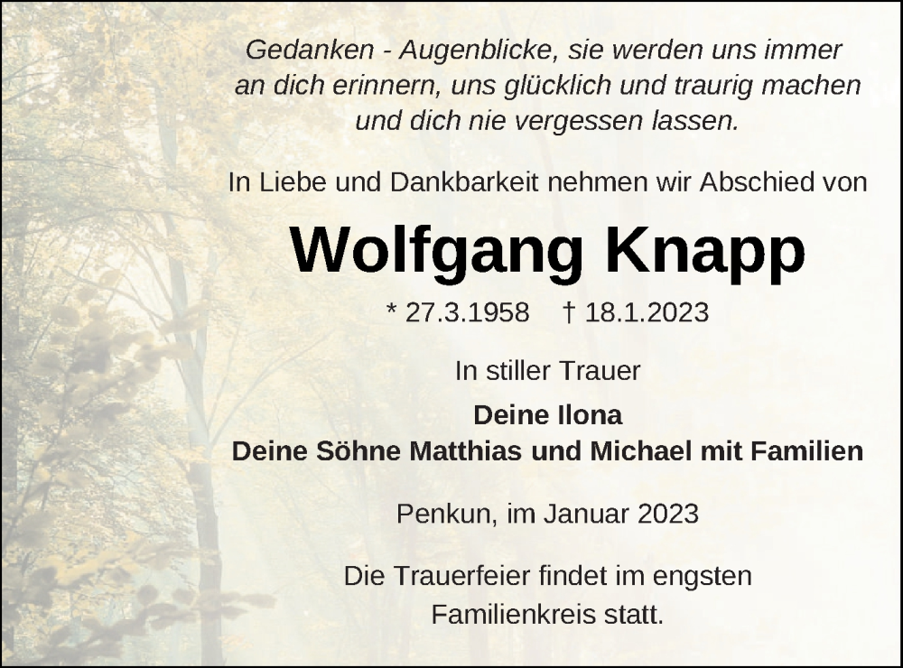  Traueranzeige für Wolfgang Knapp vom 20.01.2023 aus Pasewalker Zeitung
