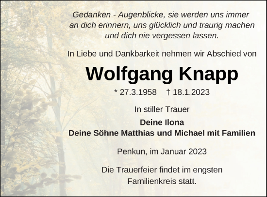 Traueranzeige von Wolfgang Knapp von Pasewalker Zeitung