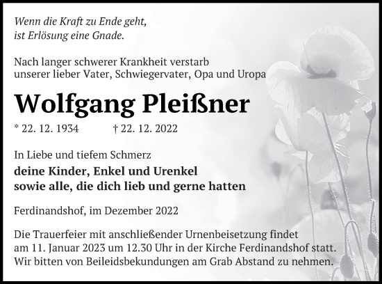 Traueranzeige von Wolfgang Pleißner von Haff-Zeitung