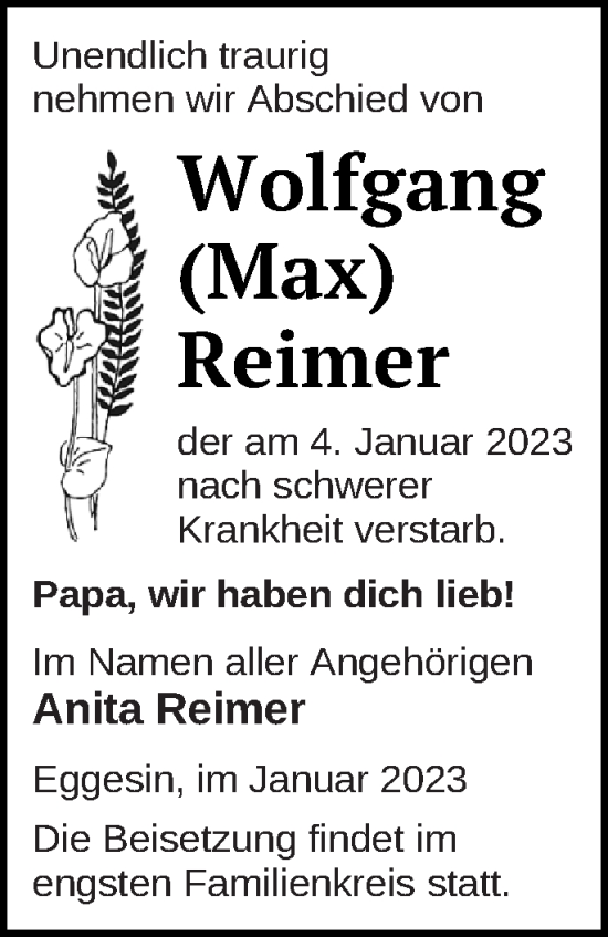 Traueranzeige von Wolfgang Reimer von Haff-Zeitung