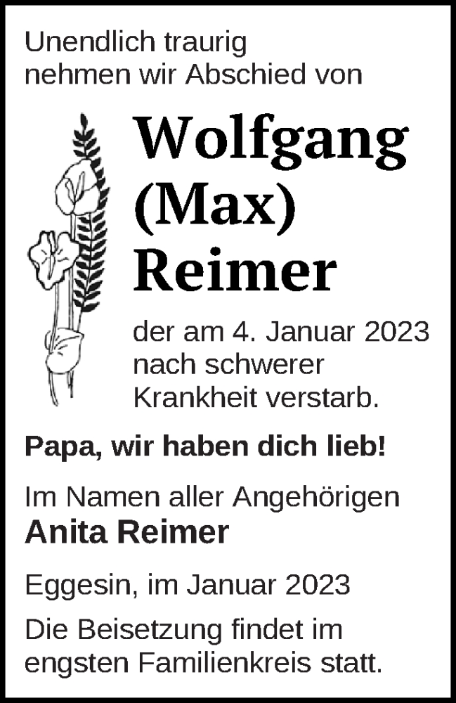  Traueranzeige für Wolfgang Reimer vom 13.01.2023 aus Haff-Zeitung