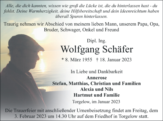 Traueranzeige von Wolfgang Schäfer von Haff-Zeitung