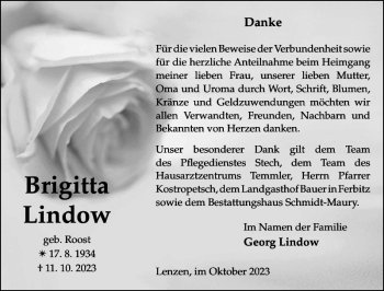 Traueranzeige von Brigitta Lindow von Der Prignitzer