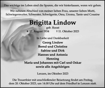 Traueranzeige von Brigitta Lindow von Der Prignitzer