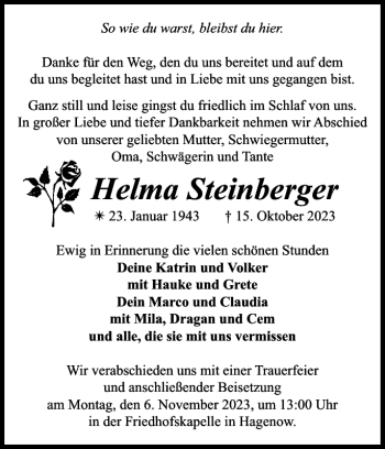 Traueranzeige von Helma Steinberger von Gadebusch-Rehnaer Zeitung