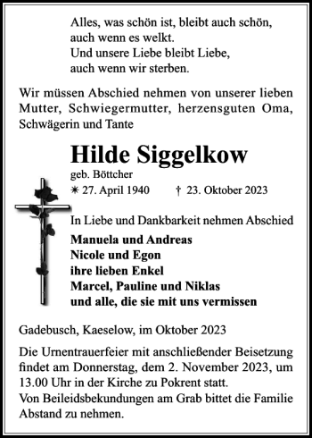 Traueranzeige von Hilde Siggelkow von Gadebusch-Rehnaer Zeitung