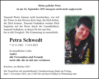 Traueranzeige von Petra Schwedt von Hagenower Kreisblatt