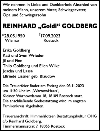 Traueranzeige von Reinhard (Goldi) Goldberg von Norddeutsche Neueste Nachrichten