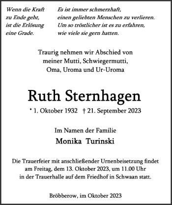 Traueranzeige von Ruth Sternhagen von Norddeutsche Neueste Nachrichten